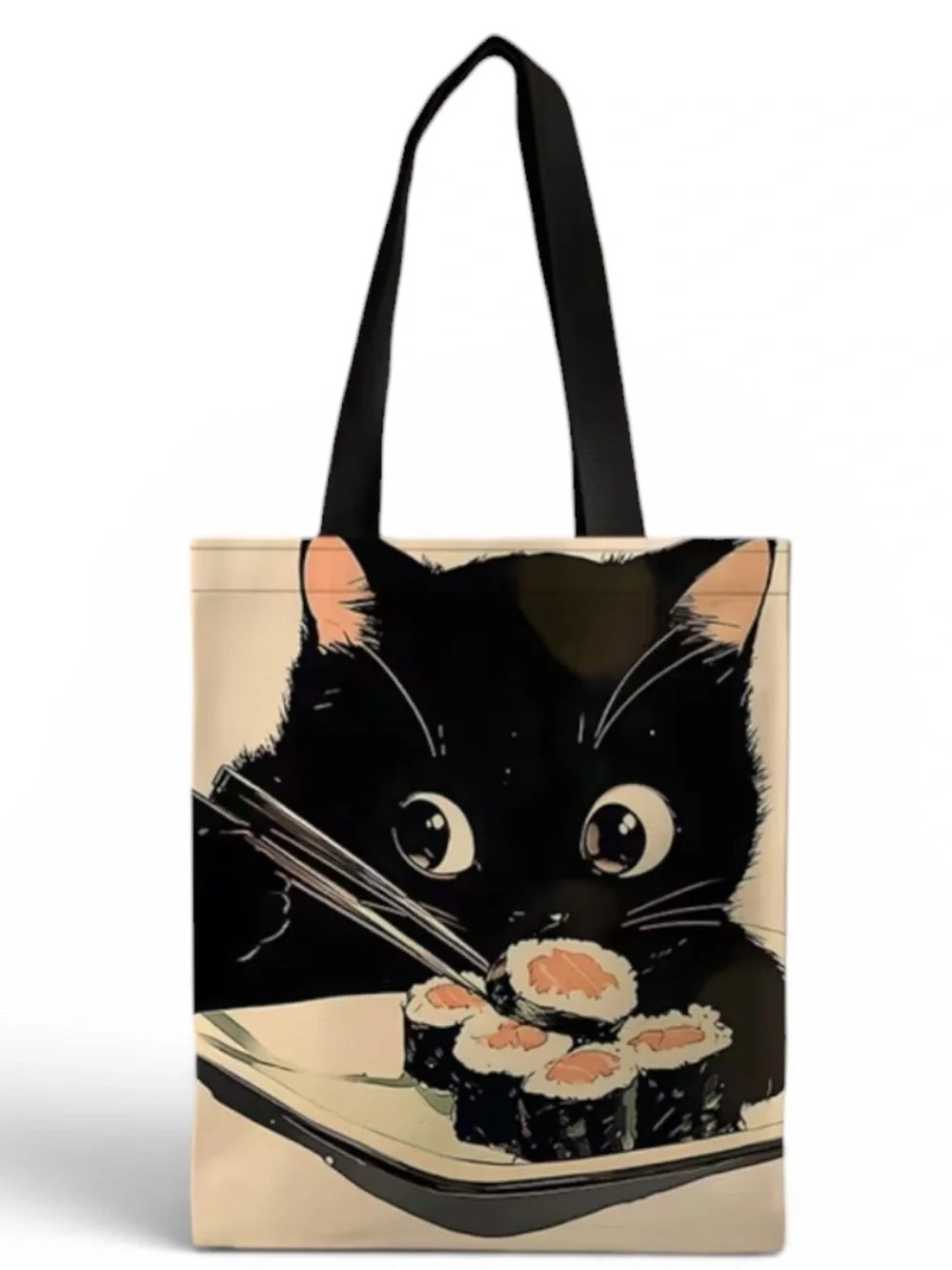 Cute Black Cat Sushi Tote Bag | Kawaii Canvas Shoulder Bag | Cat Lover Reusable